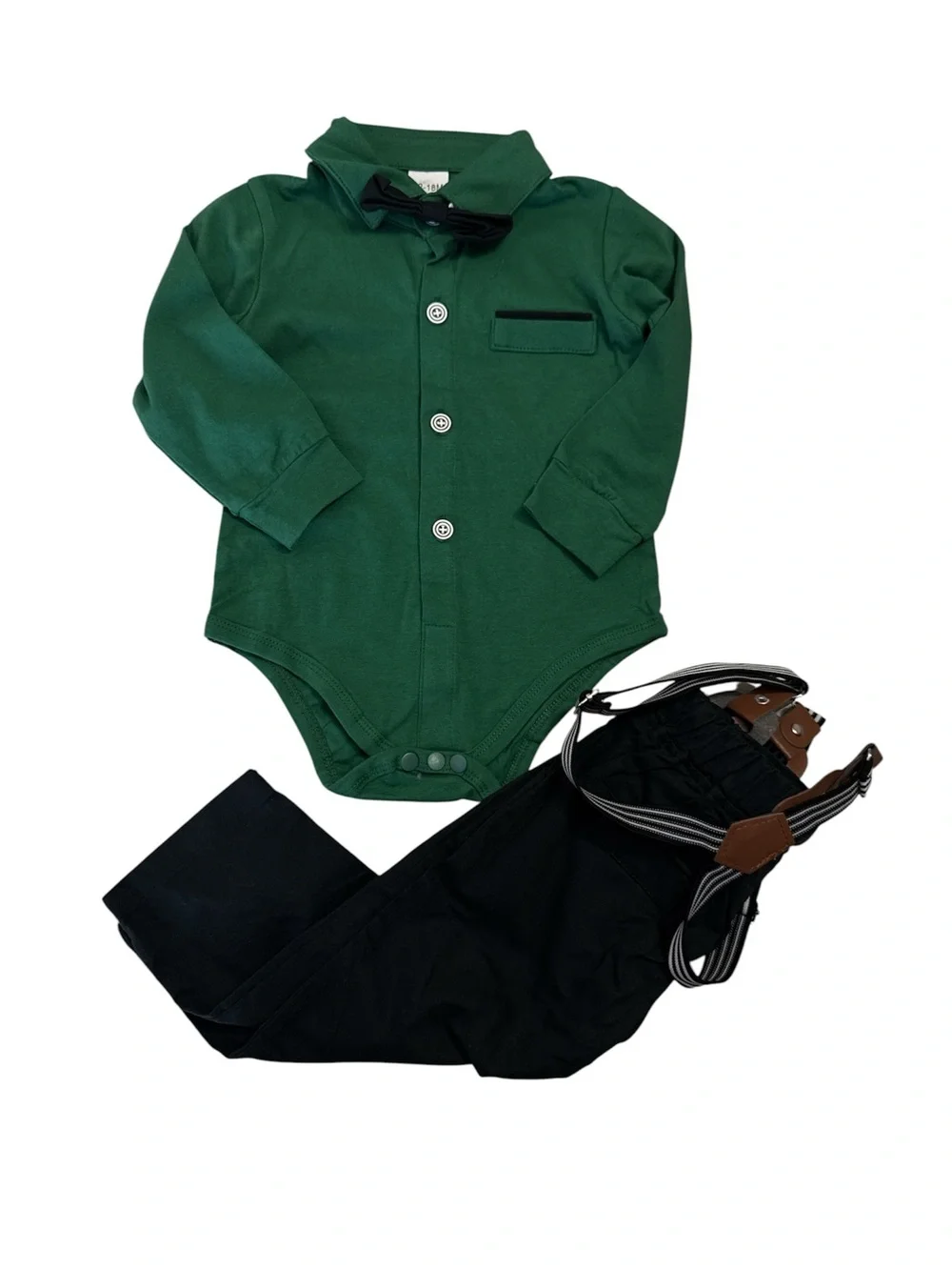Kids Green Button-Down Shirt with Black Pants & Suspenders Set